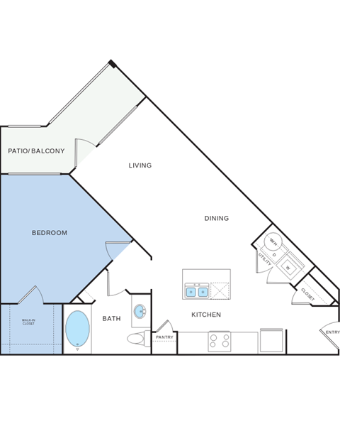Floor plan for 1 bed, 1 bath, 780 sqft